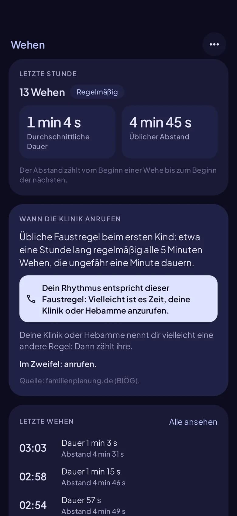 Die Karte „Wann die Klinik anrufen“ der App Wehen mit ihrer Quelle