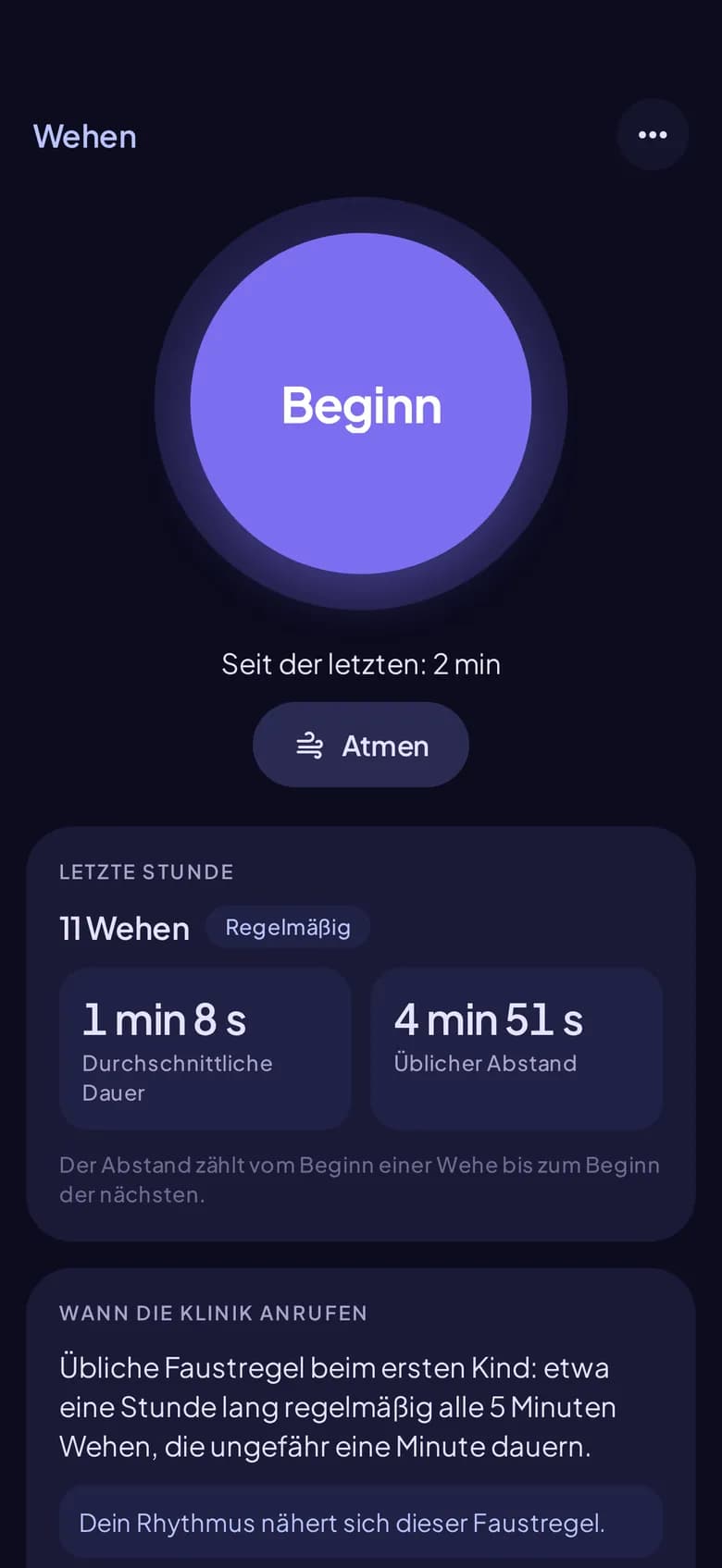 Der Timer-Bildschirm der App Wehen mit dem großen Knopf „Beginn“