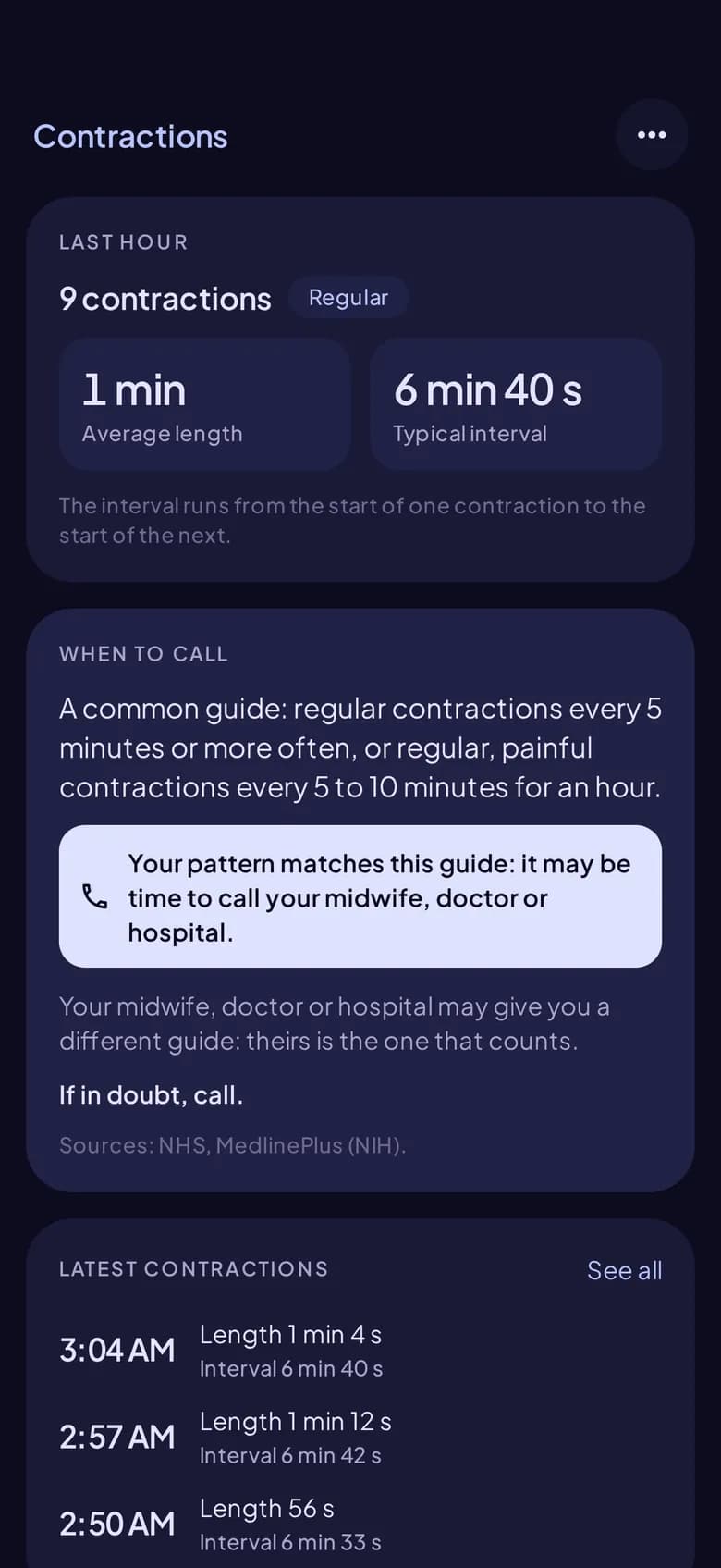The Contractions “When to call” card, with its source