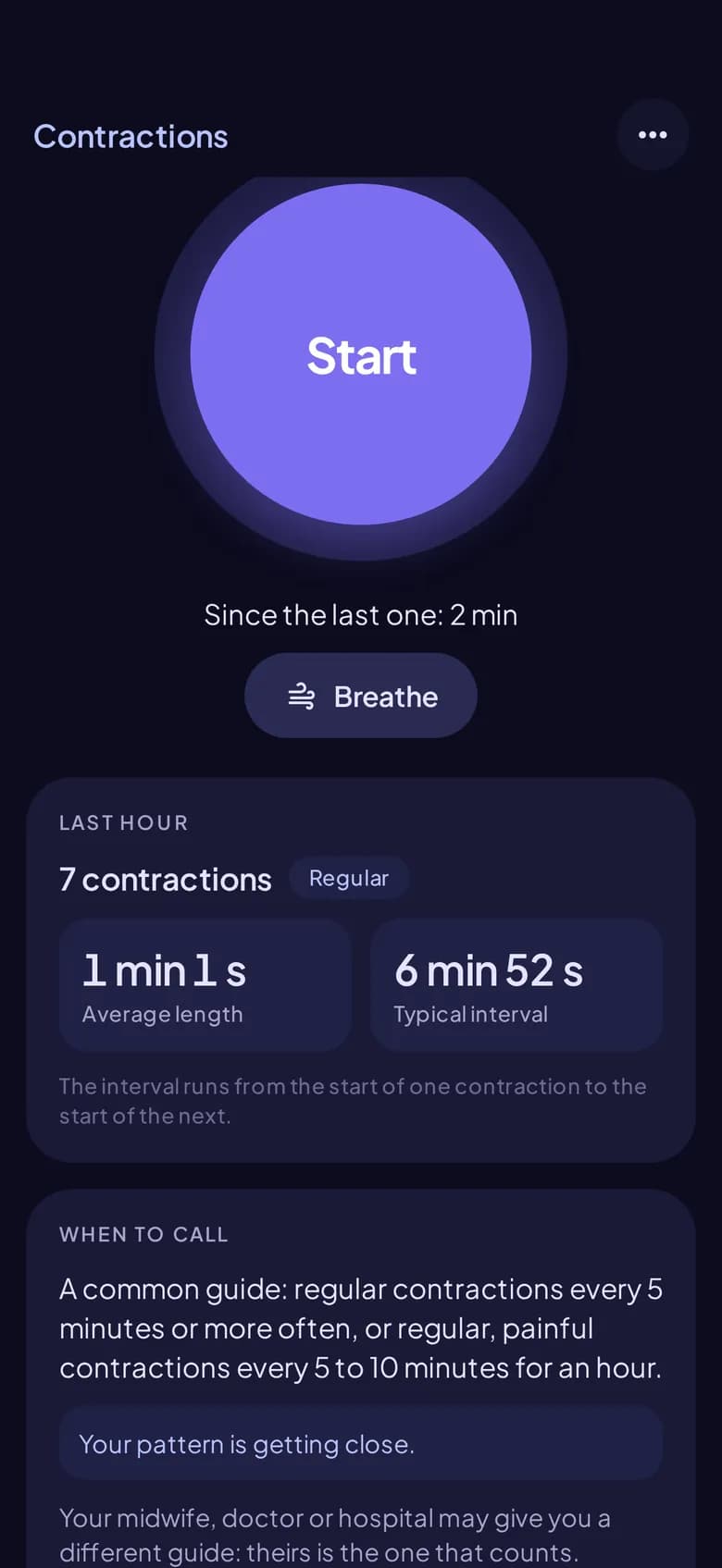 The Contractions timer screen, with its big Start button