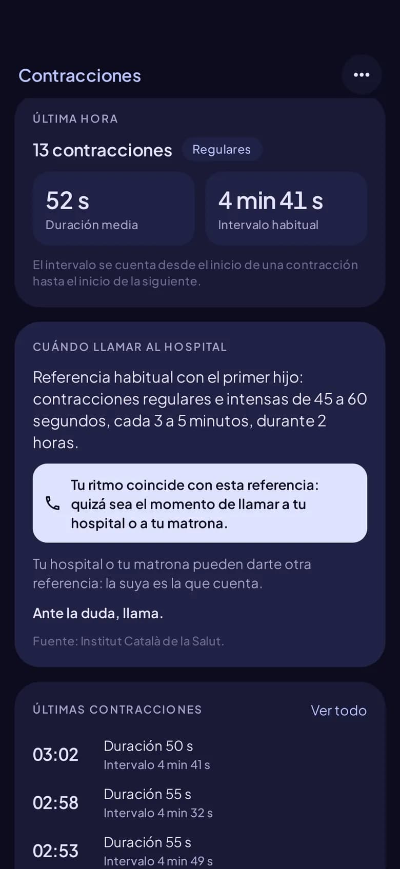 La tarjeta «Cuándo llamar al hospital» de Contracciones, con su fuente