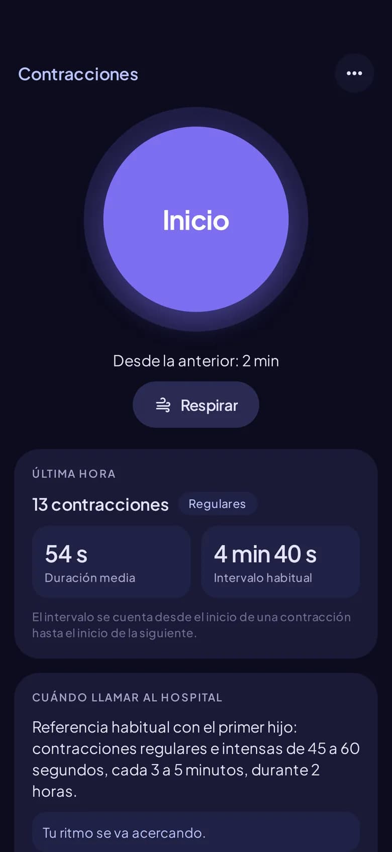 La pantalla del cronómetro de Contracciones, con su gran botón Inicio