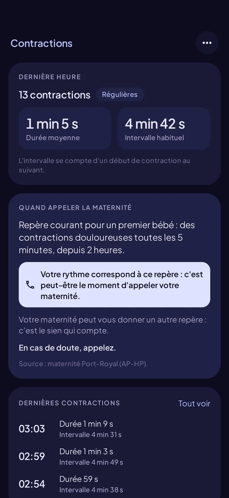 La carte « Quand appeler la maternité » de Contractions, avec sa source