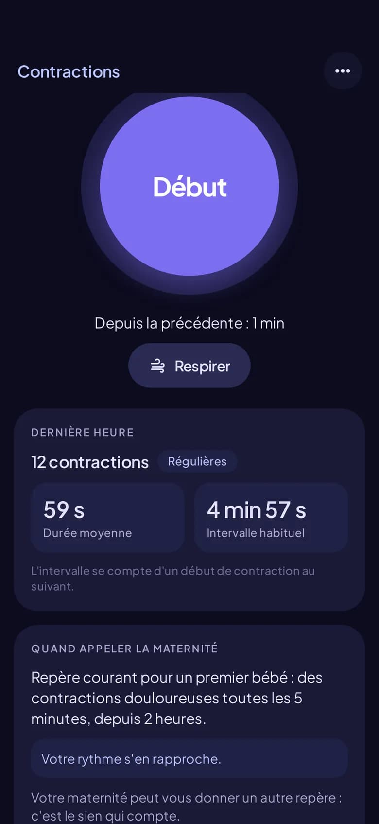 L'écran du minuteur de Contractions, avec son grand bouton Début