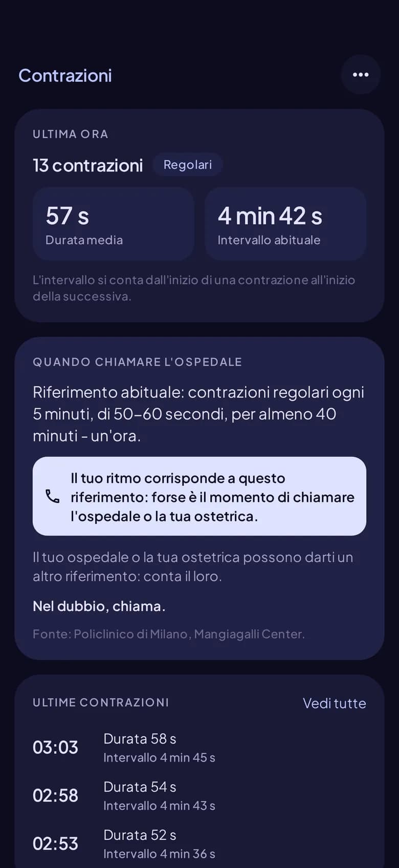 La scheda «Quando chiamare l'ospedale» di Contrazioni, con la sua fonte