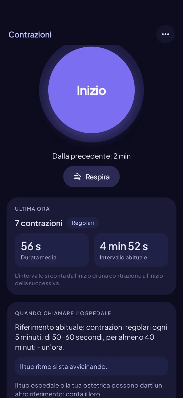 La schermata del timer di Contrazioni, con il grande pulsante Inizio