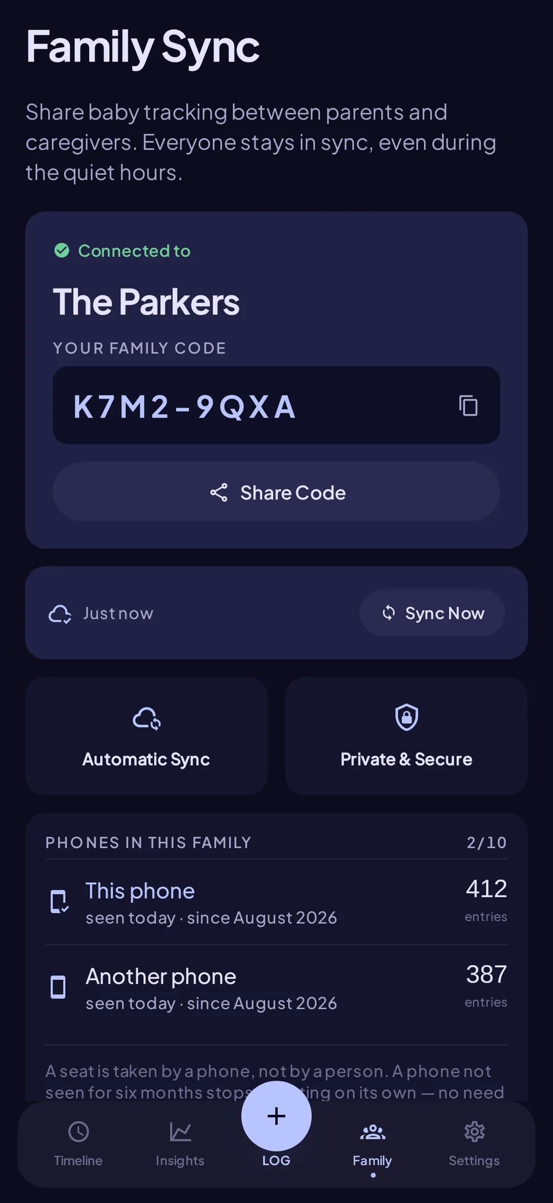 Family sync setup with a shared code linking two parents' phones in Doudou