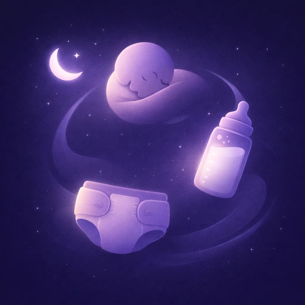 Illustration: a sleeping baby surrounded by a moon, a bottle and a diaper