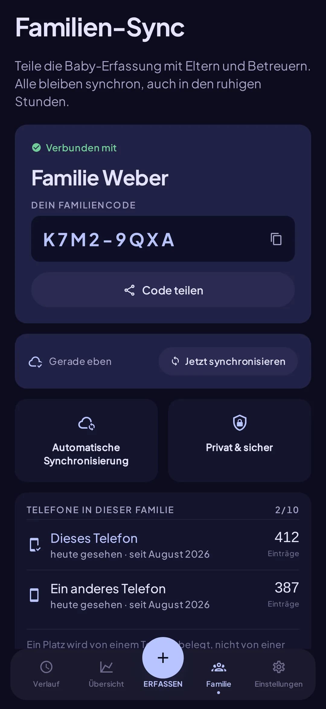 Einrichtung des Familien-Sync mit einem geteilten Code, der die Handys beider Eltern in Doudou verbindet