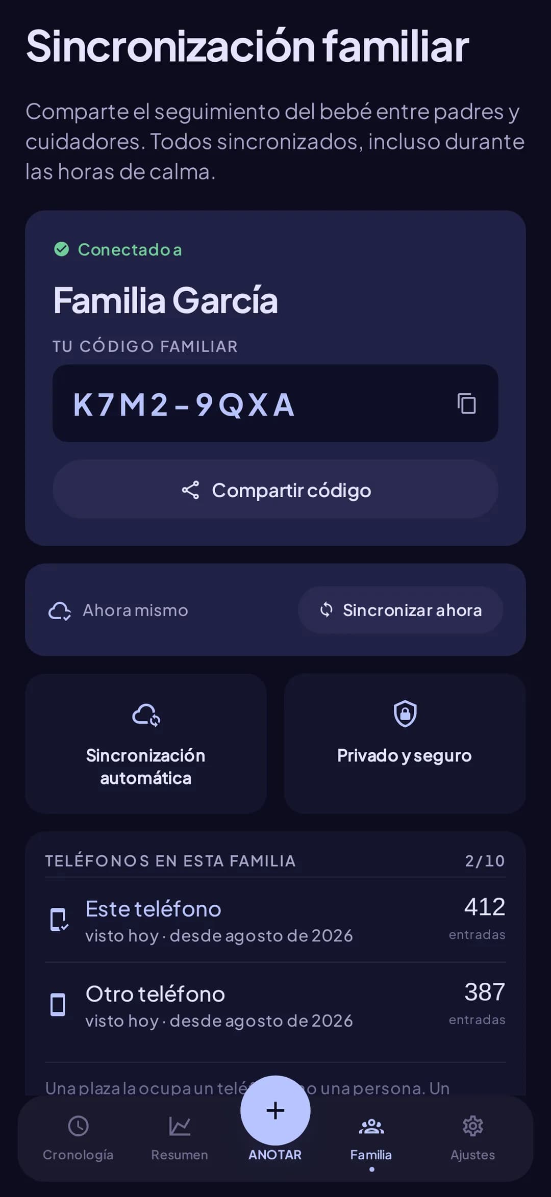 Configuración de la sincronización familiar con un código compartido que enlaza los móviles de dos padres en Doudou