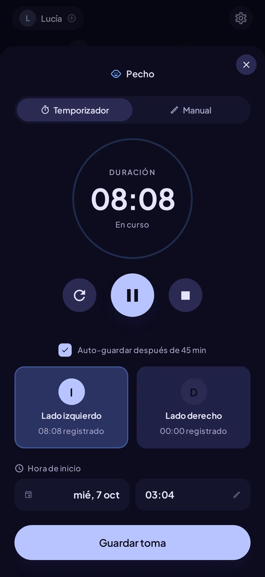 El cronómetro de tomas de Doudou, con el lado izquierdo y el derecho