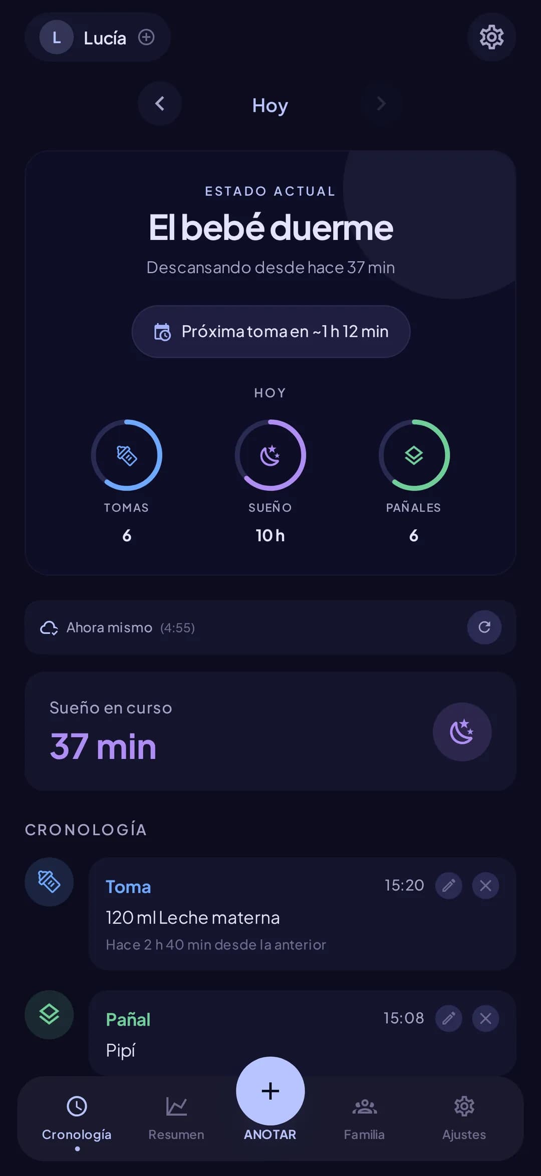 Línea de tiempo cronológica de cada evento del bebé —tomas, pañales, sueño, extracción— en Doudou
