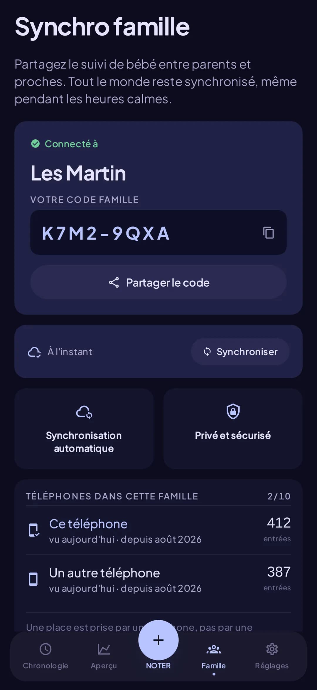 Configuration de la synchro famille avec un code partagé reliant les téléphones de deux parents dans Doudou
