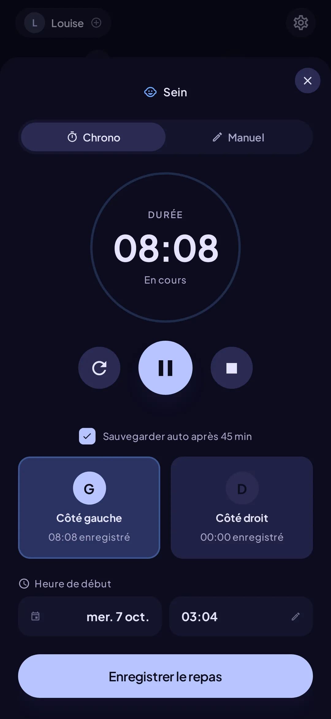 Le chrono de tétée de Doudou, côté gauche et côté droit