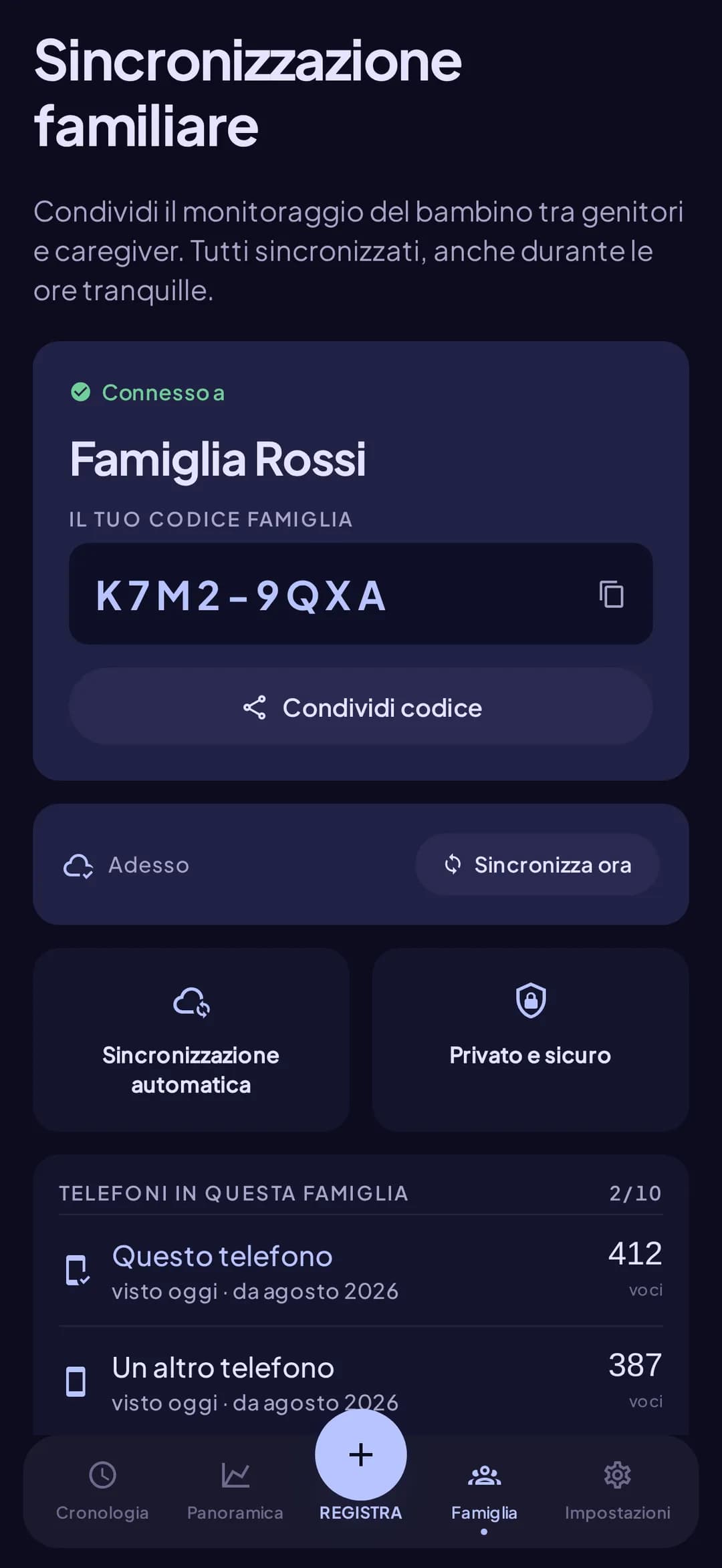 Configurazione della sincronizzazione famiglia con un codice condiviso che collega i telefoni di entrambi i genitori in Doudou