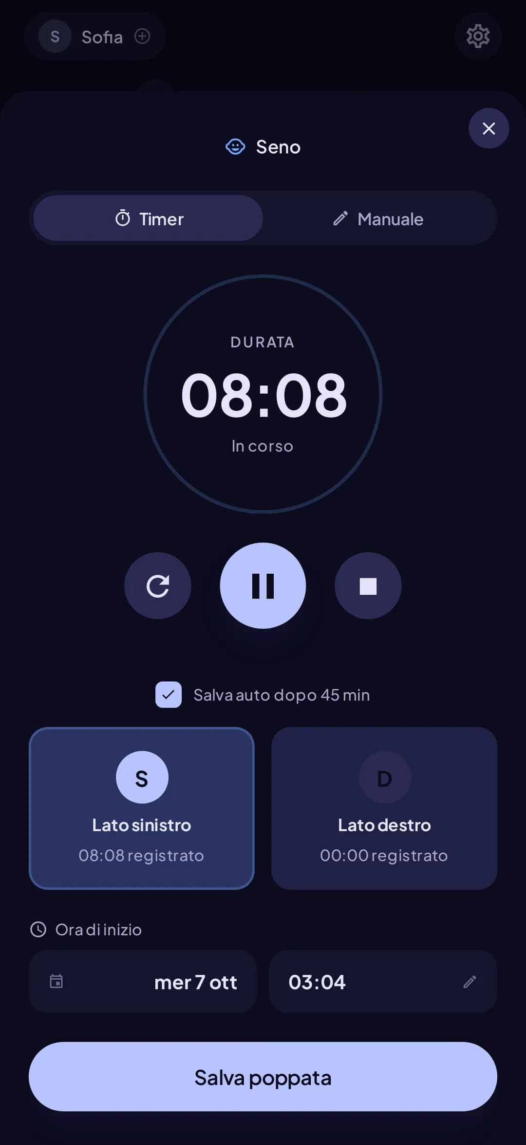 Il timer delle poppate di Doudou, con lato sinistro e destro