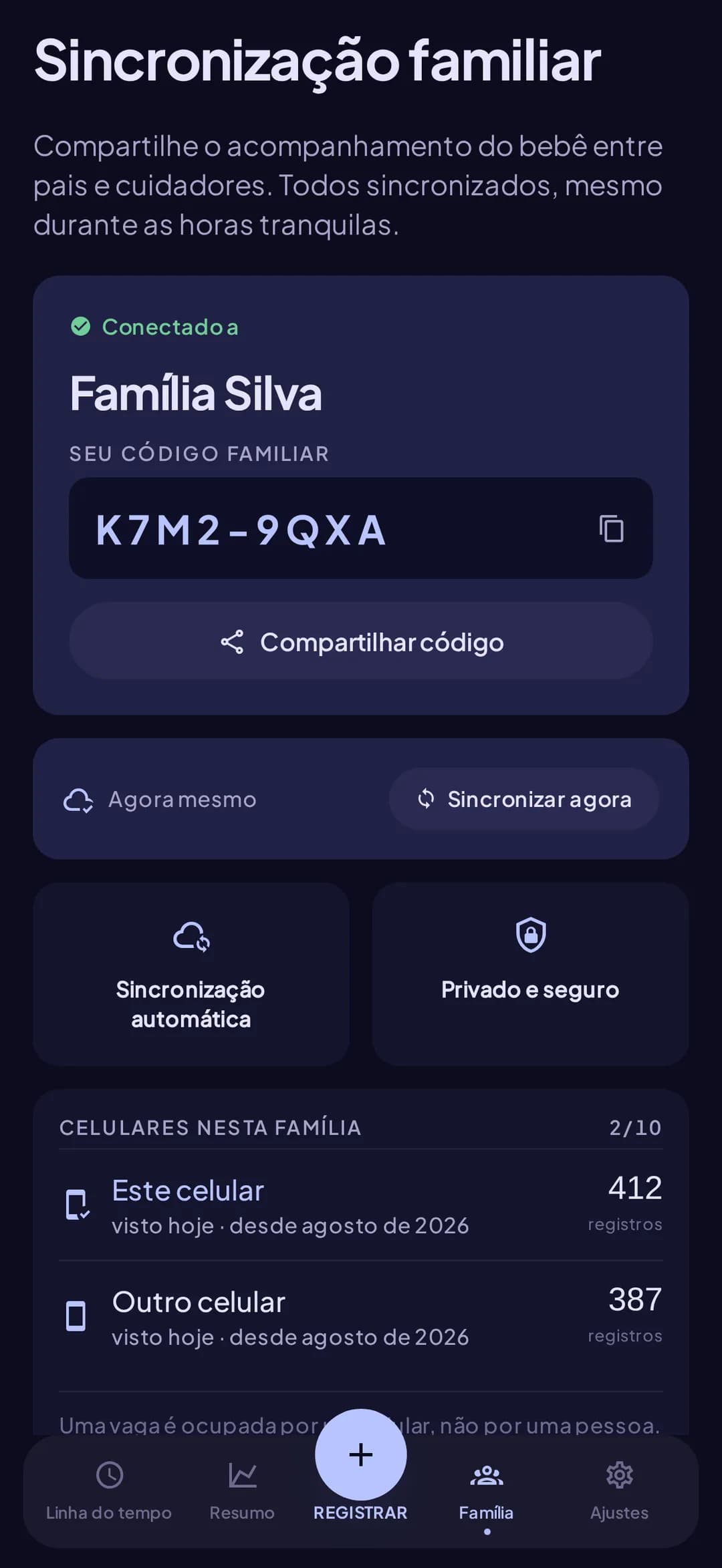 Configuração de sincronia familiar com um código compartilhado ligando os celulares dos dois pais no Doudou
