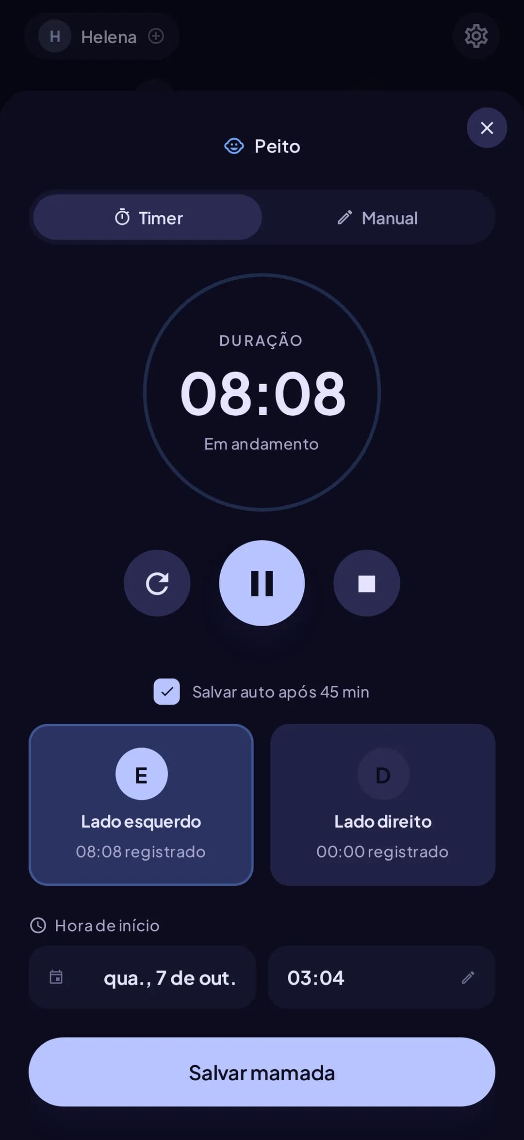 O cronômetro de mamada do Doudou, com lado esquerdo e direito