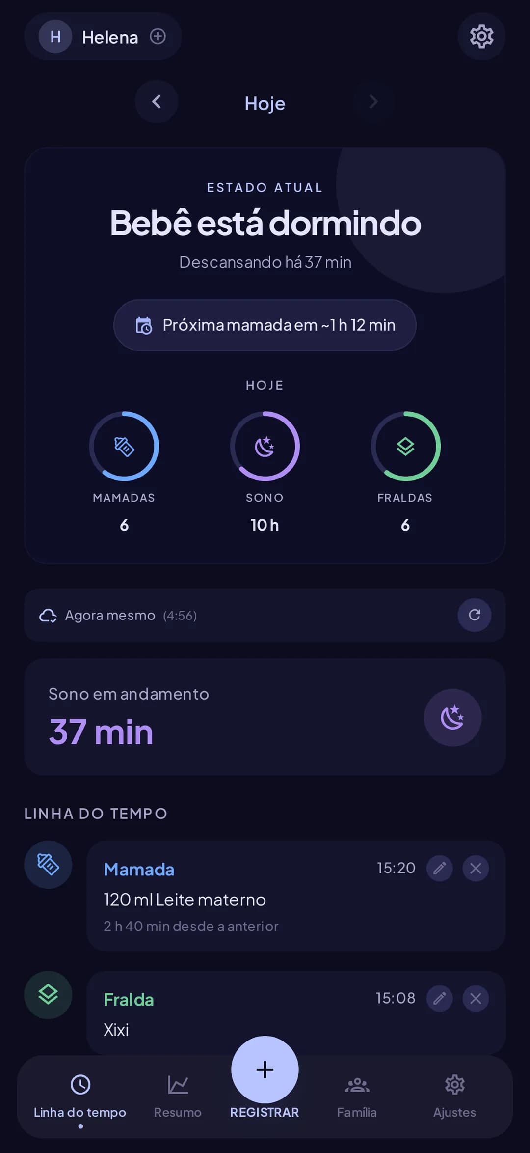 Linha do tempo cronológica de cada evento do bebê — mamadas, fraldas, sono, extração — no Doudou